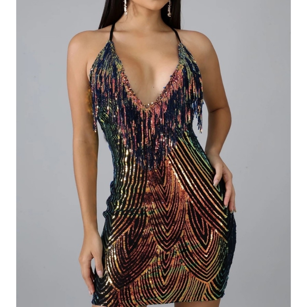 Glitter Spaghetti Strap Sequins Tassel Design Body